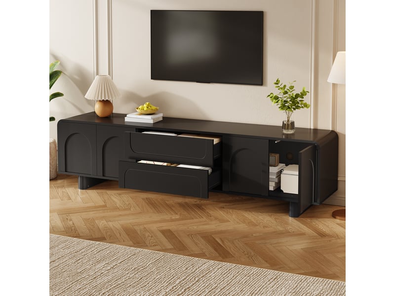  Meuble tv noir 180x40x46cm réglable rangement tiroirs portes passe-câbles coins arrondis brillant mdf et panneau de particules salon  - Conforama C