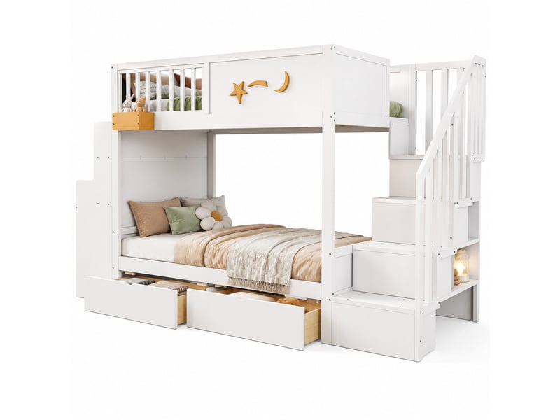  Lit superposé enfant 90 x 200 cm en bois, rangements, escalier et bureau blanc  - Conforama A