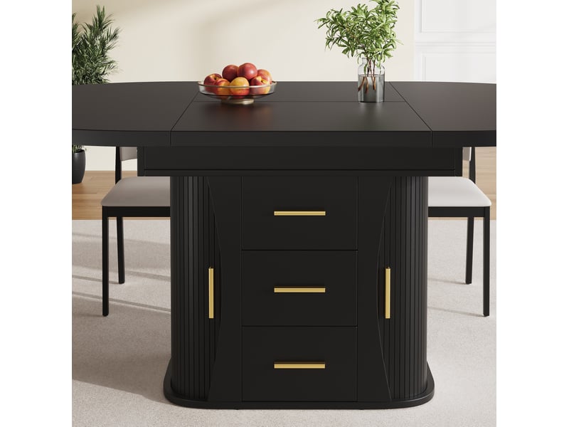  Table de salle à manger extensible ronde noire en mdf, 118 à 158 cm, jusqu’à 6 personnes et rangement intégré  - Conforama D