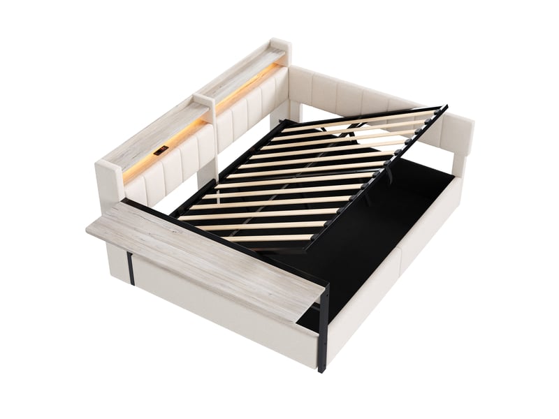 Lit de repos capitonné 140x200cm avec led,usb,rangement hydraulique,tablette rabattable,tables de chevet,velours,sans matelas,blanc - Conforama A