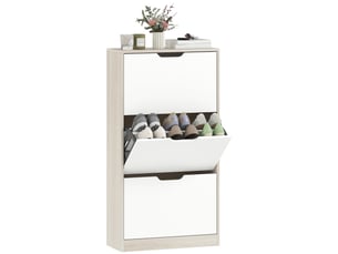 Meuble à chaussures 12 paires, armoire à chaussures étroite, 3 tiroirs rabattables, chêneet blanc
