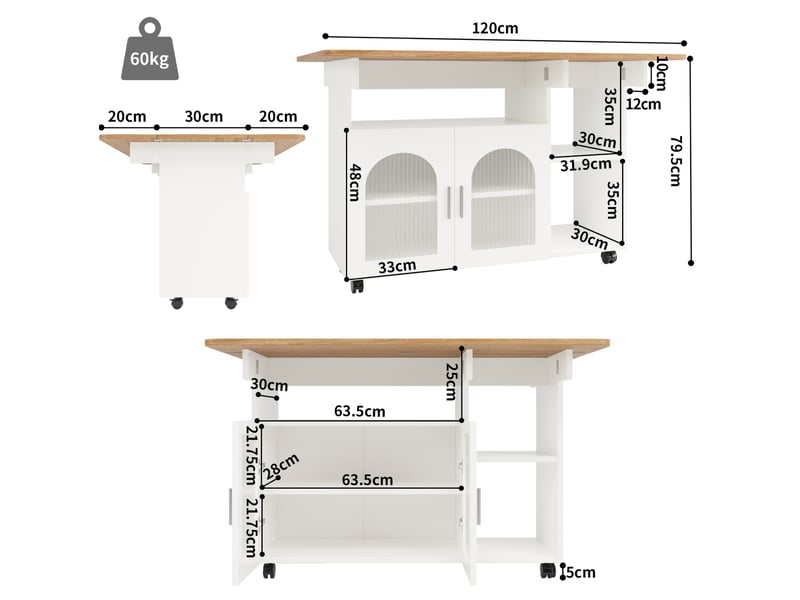  Desserte de cuisine blanche 120 cm avec plateau rabattable, rangements et roulettes  - Conforama C