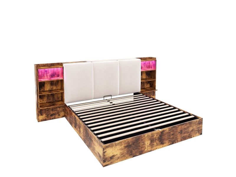 Lit coffre 180 x 200 cm éclairage led lit double 6 compartiments de rangement hydraulique tête de lit rembourrée finition marron  - Conforama D