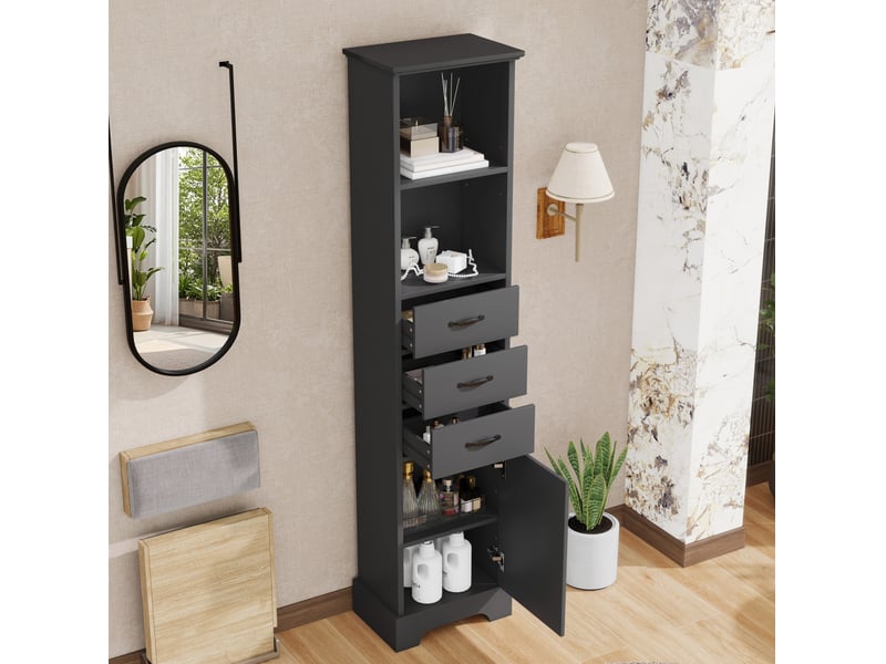  Meuble de salle de bain 38x26x172,5 cm avec ses 3 tiroirs, rangement ajustable, armoire de rangement, en mdf noir  - Conforama B