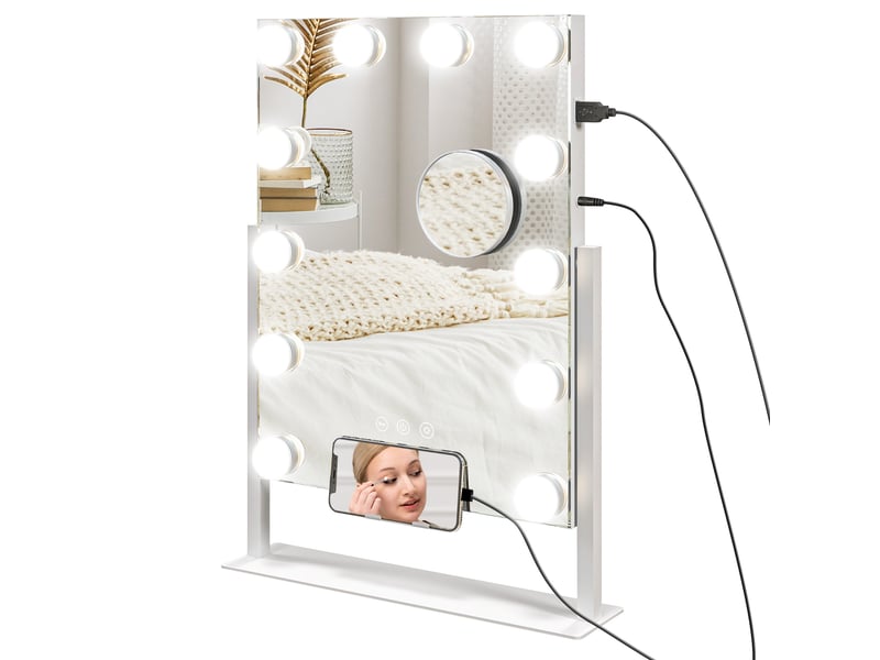 Miroir hollywood avec led 12 ampoules, luminosité réglable, rotation à 360°, grossissement 10x, touche tactile, blanc - Conforama A