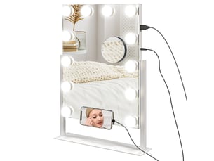 Miroir hollywood avec led 12 ampoules, luminosité réglable, rotation à 360°, grossissement 10x, touche tactile, blanc