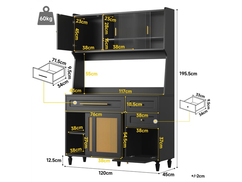  Armoire haute de cuisine avec porte coulissante en pe-rattan,éclairage led,étagères réglables et 3 tiroirs,noir,multifonctionnelle et anti-basculement  - Conforama C