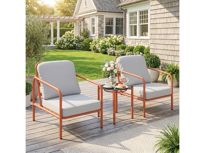  Salon de jardin 3 pièces, 2 fauteuils, 1 table basse, coussins épais, plateau en verre trempé, 63x77x76cm, rouge vineux  - Conforama C