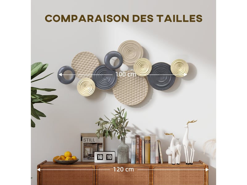  Décoration murale en métal, sculpture murale en métal, design unique à plusieurs disques, kaki et noir, 100 x 50 cm  - Conforama W