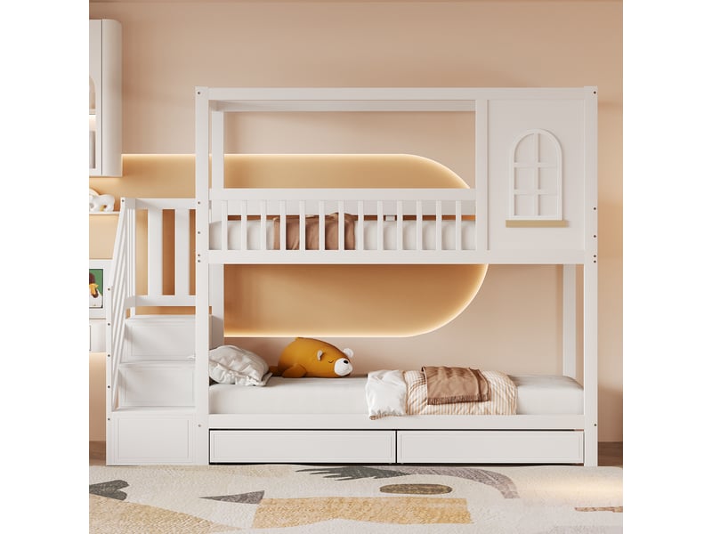  Lit superposé enfant 90x200 lit cabane en bois massif, lit superposé blanc avec tiroirs et escalier de sécurité, 252x96x192cm  - Conforama B