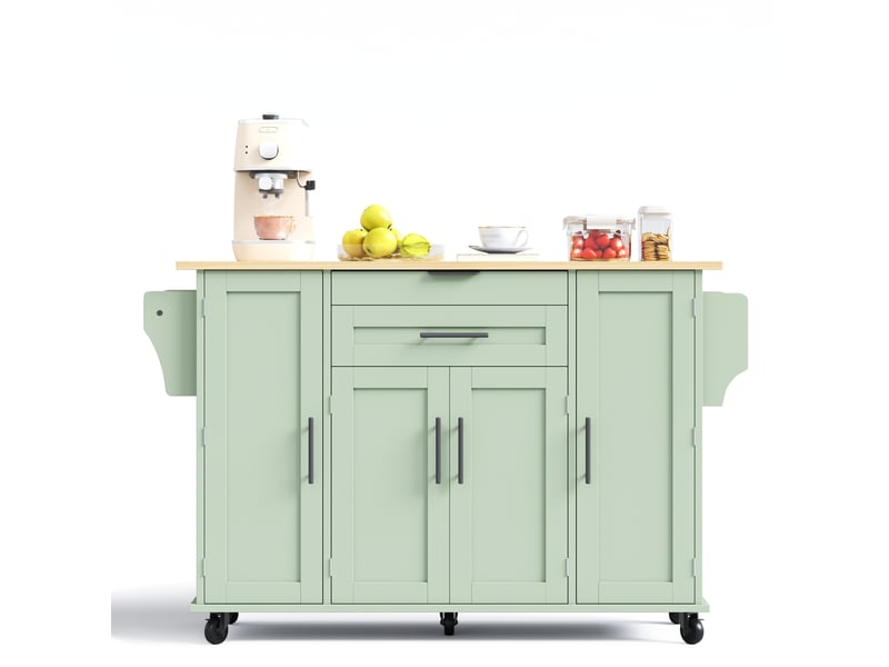  Îlot de cuisine sur roulettes vert antique, desserte avec plan de travail extensible, tiroir à couverts, 136x70x92 cm  - Conforama W