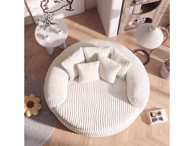  Fauteuil lounge 145x133x59 cm en velours côtelé, assise profonde, 5 coussins, accoudoirs enveloppants, rembourrage mousse et ressorts ensachés, beige  - Conforama D