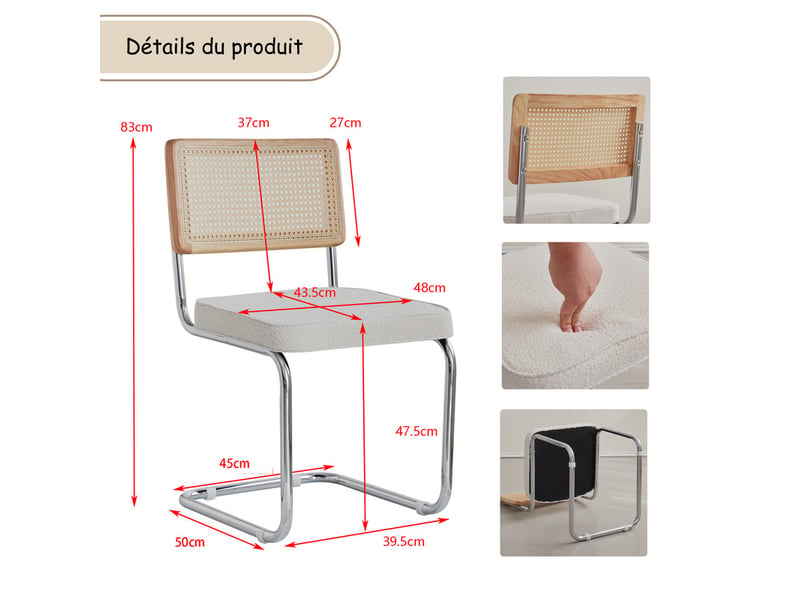  Lot de 4 chaises de salle à manger - avec siège rembourré et base en métal chromé - blanc Grand-house - Conforama E