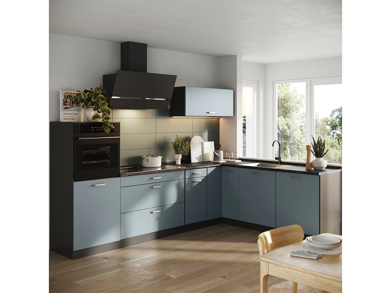 Vicco cuisine en angle, bleu-grisanthracite, 287 x cm plan de travail marbre - Conforama C
