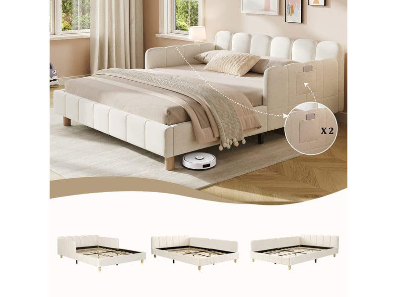 Lit banquette rembourré 140x190 cm, lit simple avec tête de lit, lit enfant, barrière de sécurité, pieds bois massif, velours, beige Seren Glow - Conforama D