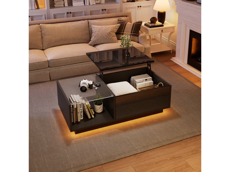  Table basse relevable noire avec led, table basse avec rangement caché et plateau en verre, 100x50 cm  - Conforama C