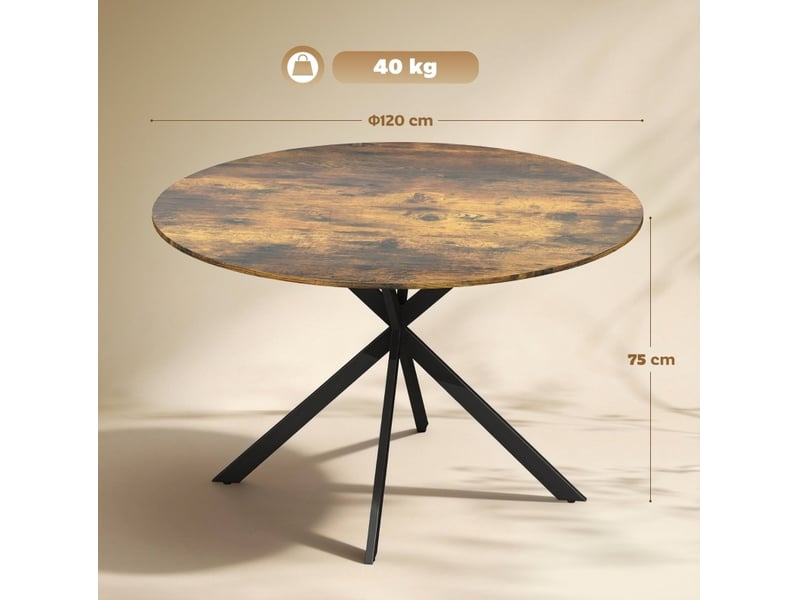  Table à manger ronde, 120 cm, repas, salle à manger et pratique, plateau bois, piètement acier, coloris marron rustique  - Conforama C