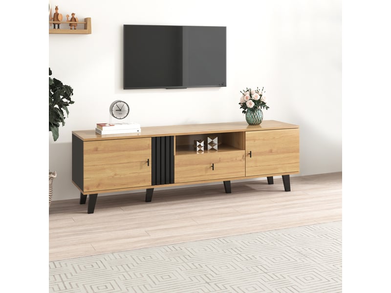  Meuble tv 170 cm bois noir - tiroirs et rangements polyvalents, design élégant  - Conforama B