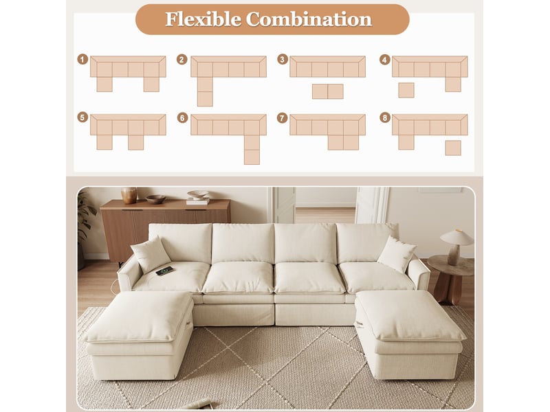 Canapé d'angle modulaire 6 places 277x135x80 cm – beige – poufs mobiles avec rangement et ports usbtype-c  - Conforama E