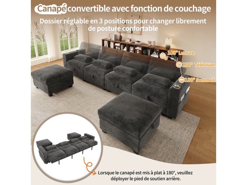  Canapé d’angle modulable convertible 6 places en chenille grise, coffres, 2 poufs, usb-c et dossier réglable  - Conforama E