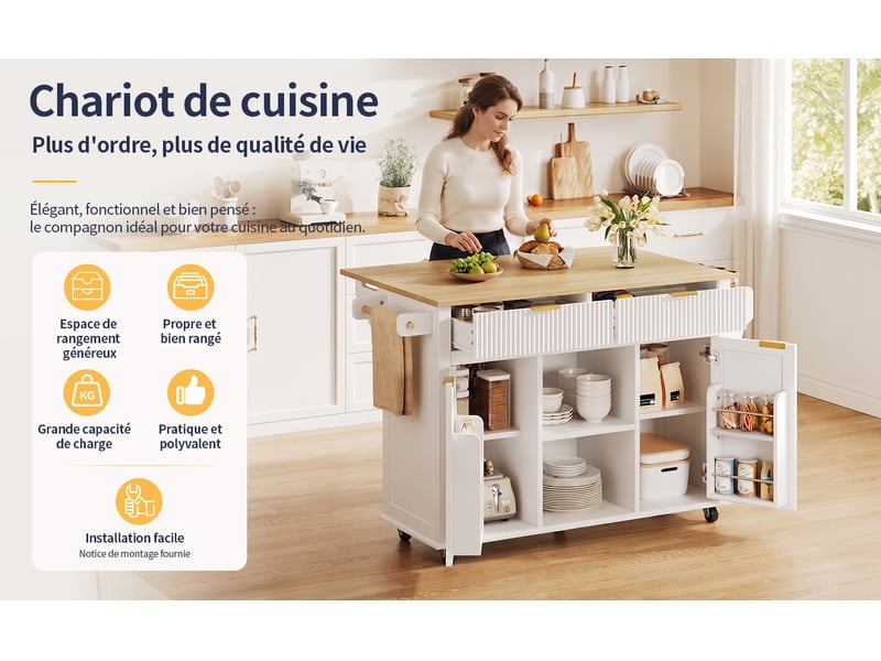  Desserte de cuisine 143 cm sur roulettes avec plan rabattable, 2 tiroirs et 2 portes, blanc et naturel  - Conforama D