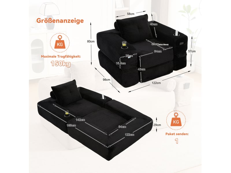 Canapé convertible 1 place avec mousse dense, ressorts, poche latérale et porte-gobelet en velours côtelé noir - Conforama C