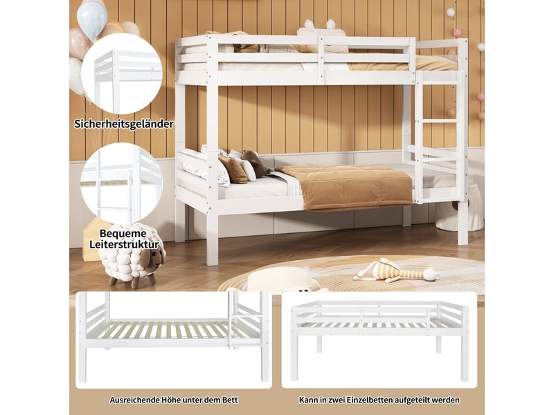  Lit superposé - 90x200 cm - transformable en deux lits simples - lit superposé enfant - pin massif blanc, échelle inclinée 3 marches  - Conforama E