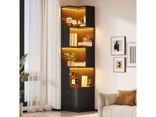 Étagère d’angle noire avec led et 2 tiroirs – 45 × 43,5 × 180 cm