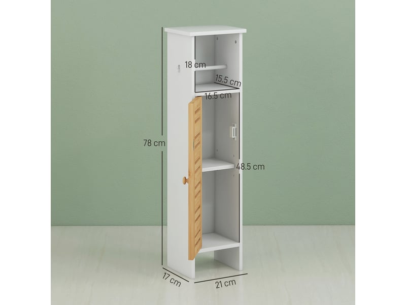  Meuble de salle de bains étroit blanc avec porte en bambou, 21 x 17 x 78 cm  - Conforama E