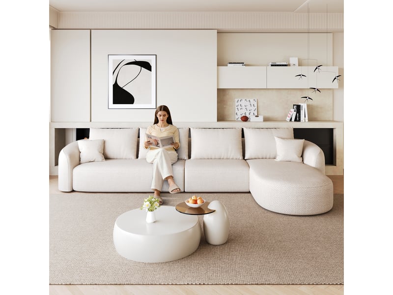 Canapé d’angle droit en l 5 places 336x168x85 cm, modulable sans structure en mousse compressée, sans montage, salon chambre, chenille, blanc Sol Morn - Conforama E