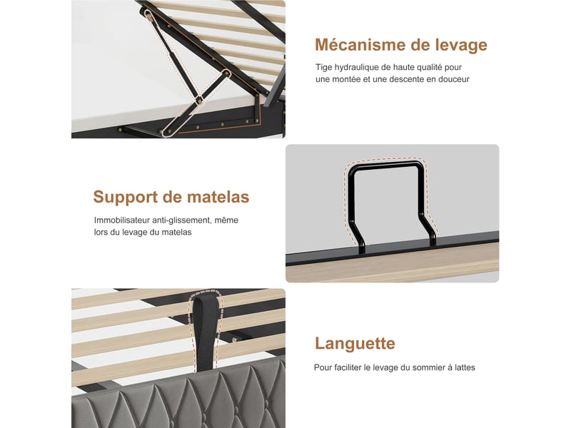  Lit simple 90x200 cm avec led,usb et type-c, lit enfant adolescent moderne, tête de lit rembourrée, velours gris  - Conforama W