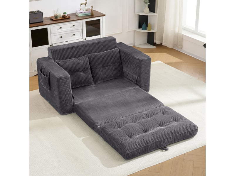 Canapé convertible 2 places, canapé-lit d’appoint 2-en-1, 140x84x67 cm, accoudoirs larges, poches latérales, gain de place, velours côtelé gris foncé - Conforama E