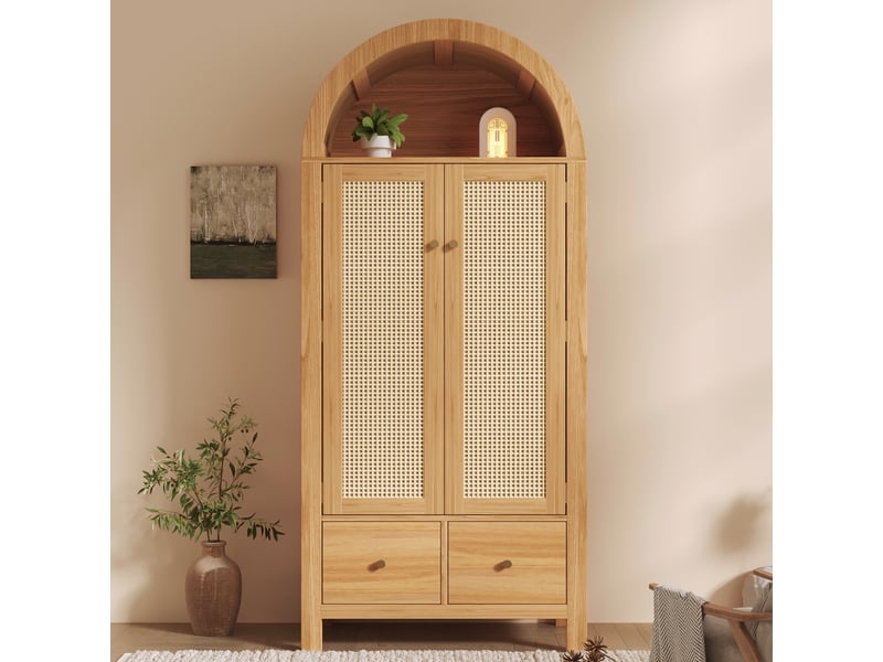  Armoire de chambre 181x78x45 cm avec sommet arqué et cannage rotin, armoire dressing avec 2 portes magnétiques, 2 tiroirs, tringle, finition chêne Seren Glow - Conforama E