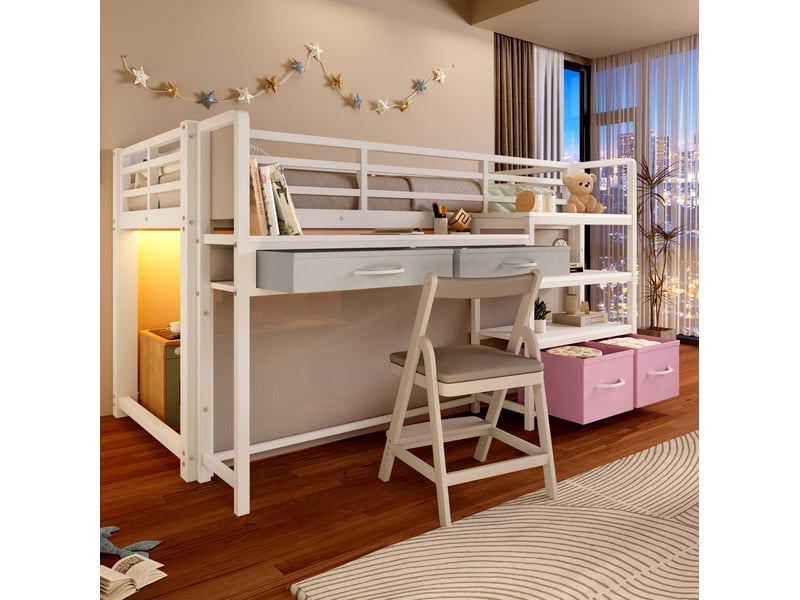  Lit mezzanine enfant 90x200 cm blanc avec bureau, rangements et éclairage led  - Conforama D
