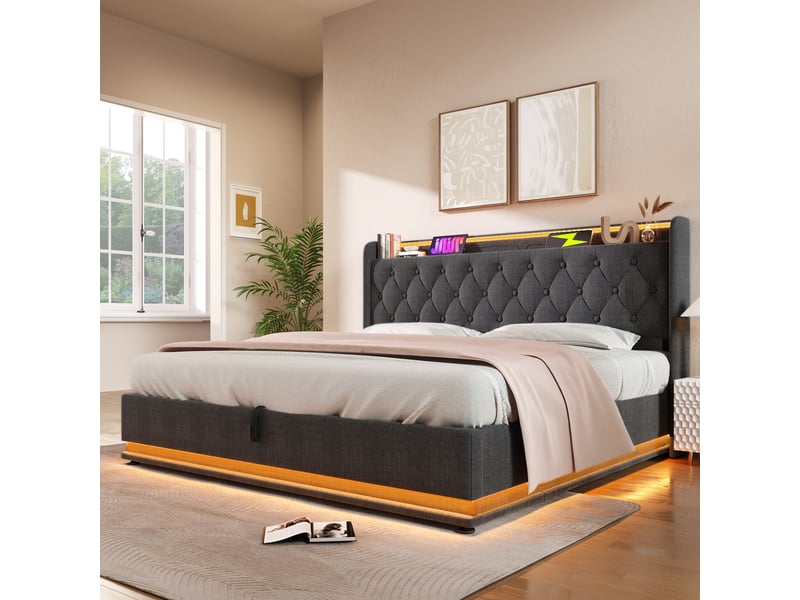  Lit rembourré double 140*200 cm avec led 360°, usb-c et coffre hydraulique, gris lin, livré sans matelas  - Conforama C