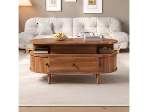 Table basse ovale relevable 105x50x60,5 cm avec rangement, mdf coloris noyer