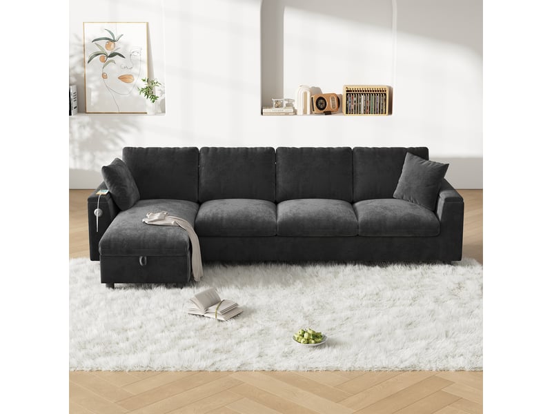  Canapé d'angle réversible fixe 4 places tissu gris coffre de rangement canapé d'angle gris - Conforama D