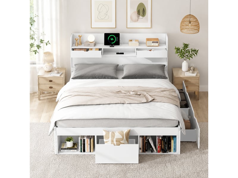  Lit double multifonction 140x200 cm blanc avec armoire de rangement, tiroirs, port usb et type-c, sommier à lattes  - Conforama D