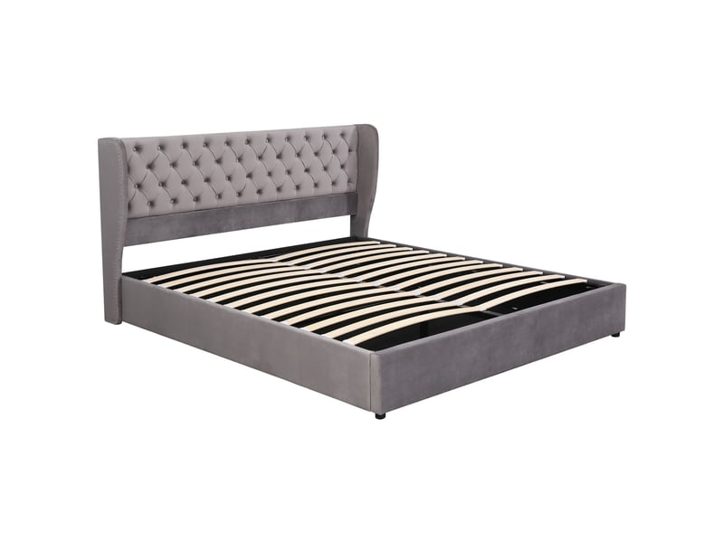  Lit coffre rembourré 160 x 200 cm en velours gris, tête de lit à oreilles capitonnée, sommier à lattes 3068034AAH - Conforama A