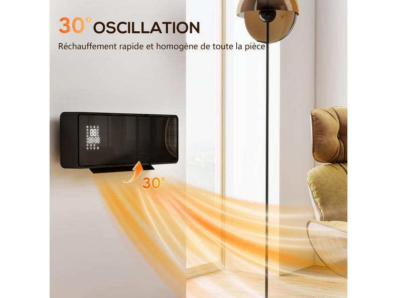  Chauffage mural en céramique 10002000w, radiateur électrique, ventilateur, thermostat, minuterie, 54x18,7x12,3cm, noir  - Conforama R