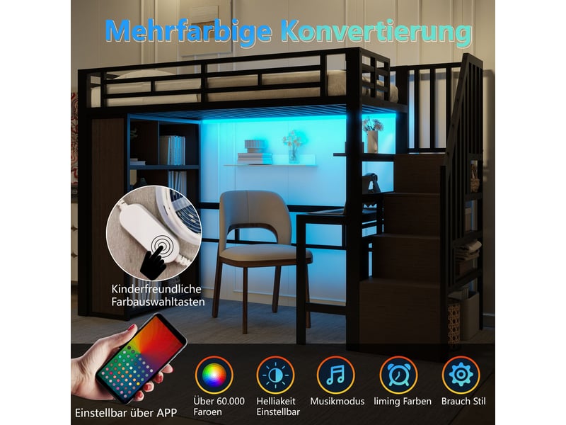  Lit mezzanine noir 90x200cm avec escalier rangement, éclairage led, bureau et étagères, confort durable - fer - pour enfant ado  - Conforama C