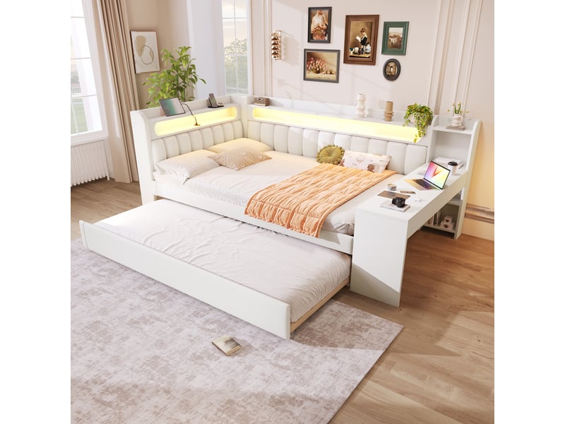 Lit banquette gigogne rembourré 140x200 cm, couchage 90x190 cm, bureau et étagères intégrés, led 7 couleurs, usb, tissu en lin blanc Radiant Stride - Conforama D