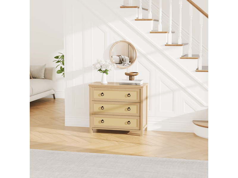 Commode en rotin 3 tiroirs, meuble haut et large en bois, tiroirs profonds, sécurité enfants,pour chambre, salon ou couloir PHO_339M6Q4K - Conforama B