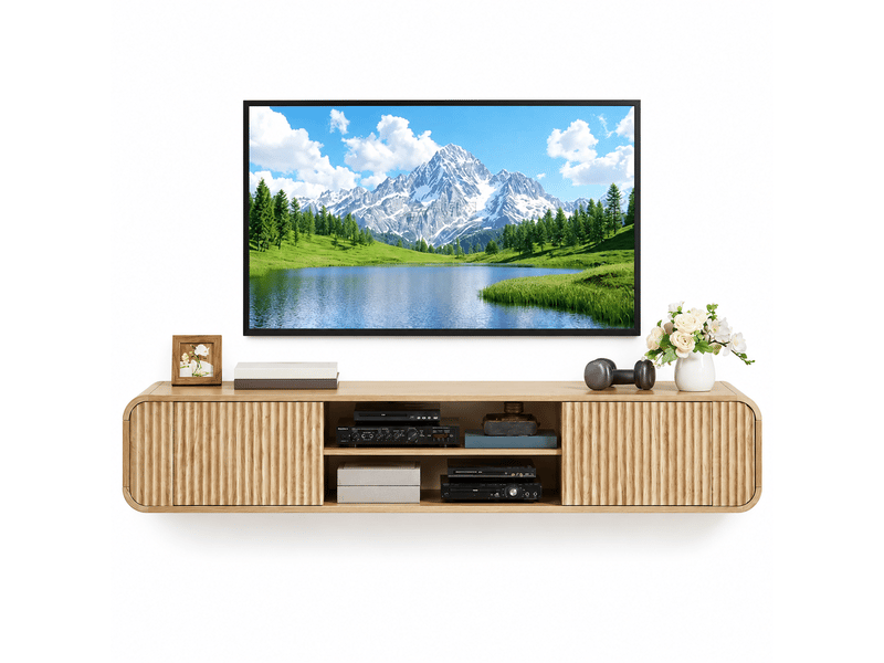  Meuble tv mural suspendu 160 cm avec niches ouvertes, portes rainurées, coins arrondis, passe-câbles intégré, finition bois naturel, pour salon  - Conforama A