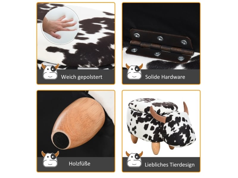  Pouf animal cochon noirblanc avec rangement, siège rembourré, 62x35x36 cm, salon et chambre enfant  - Conforama D