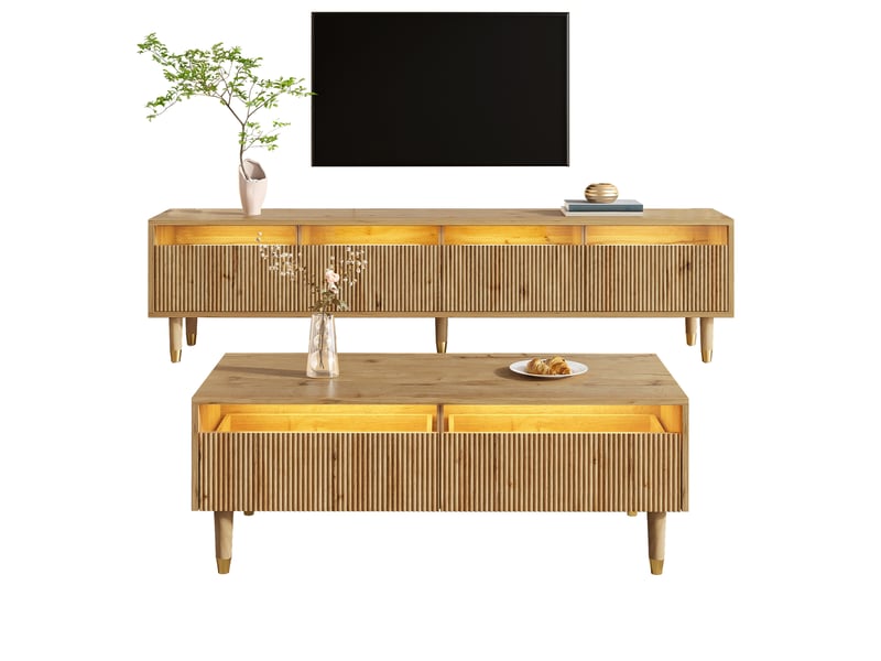  Ensemble meuble tv et table basse, 178x35x45 cm et 110x50x40 cm, led, coloris bois naturel  - Conforama E