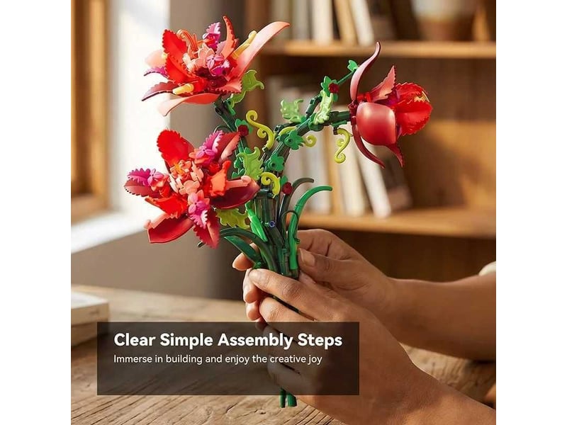 Set de construction fleur en pot rouge, fleurs artificielles éternelles – briques diy, ornement de bureau - Conforama C