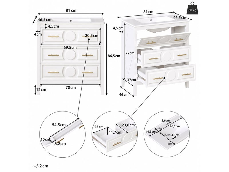  Meuble vasque blanc 81 cm avec 3 tiroirs et lavabo en céramique, style rétro  - Conforama C