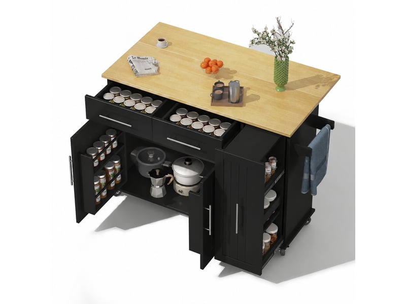  Îlot de cuisine avec plan de travail rabattable, 5 roulettes, 120 cm, noir et bois naturel  - Conforama A