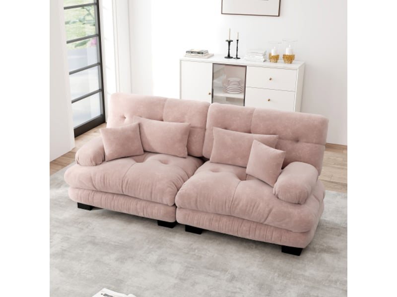Canapé 2 places, canapé droit avec 2 coussins lombaires et 2 coussins décoratifs, structure en bois, en chenille, rose - Conforama B